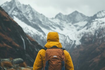 A person wearing a yellow jacket and carrying a brown backpack. Suitable for outdoor and travel-related themes