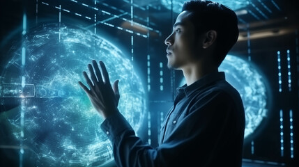 Asian man using hologram working in office.