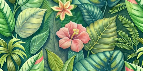 Seamless pattern, exotic leaves and flowers in pastel colors, illustration for textile or wallpaper
