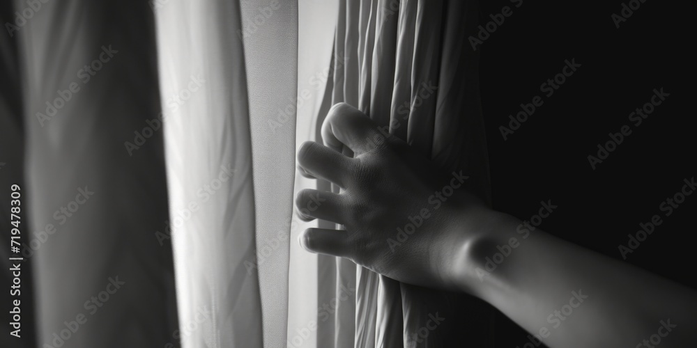 Poster a black and white photo of a person's hand resting on a curtain. suitable for various themes and con