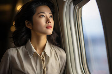 Fototapeta na wymiar Woman is seen looking out window of airplane. This image can be used to depict travel, wanderlust, or excitement of flying