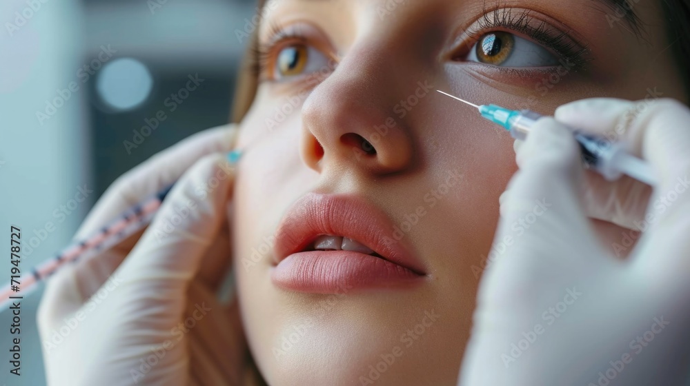 Poster a detailed shot capturing the moment a person is receiving an injection. suitable for medical and he
