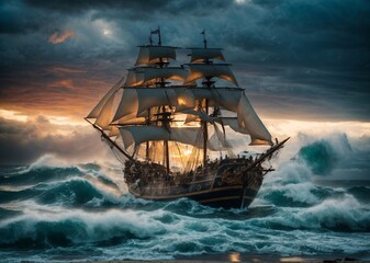 Vintage 18s ship in the ocean oil painting, Old sail ship braving the waves of a wild stormy sea at night. Generative AI.
 - obrazy, fototapety, plakaty