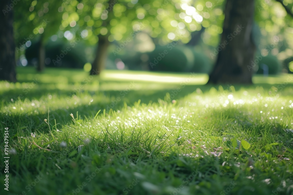 Poster A peaceful image showcasing a field of grass with trees in the background. Perfect for nature-themed projects and designs