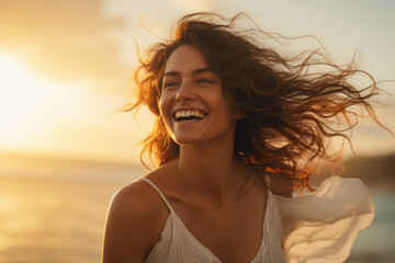 Woman with smile on her face standing on beach. Suitable for travel and vacation themes