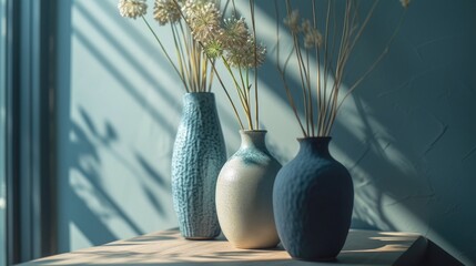 Three vases with flowers sitting on a table. Suitable for home decor or floral arrangements