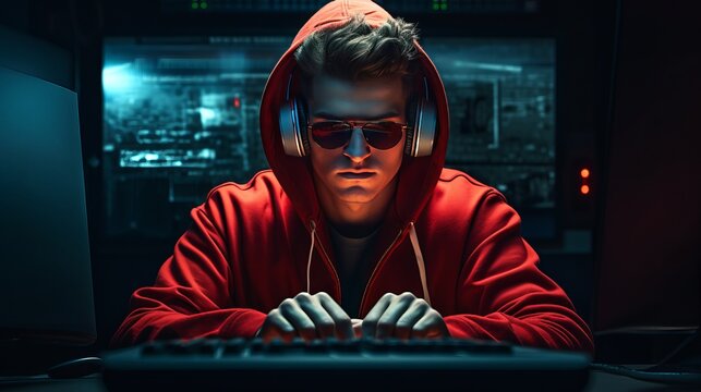 The picture depicts a young male in a red hoodie and sunglasses sitting in front of a computer monitor in a cyberpunk fashion