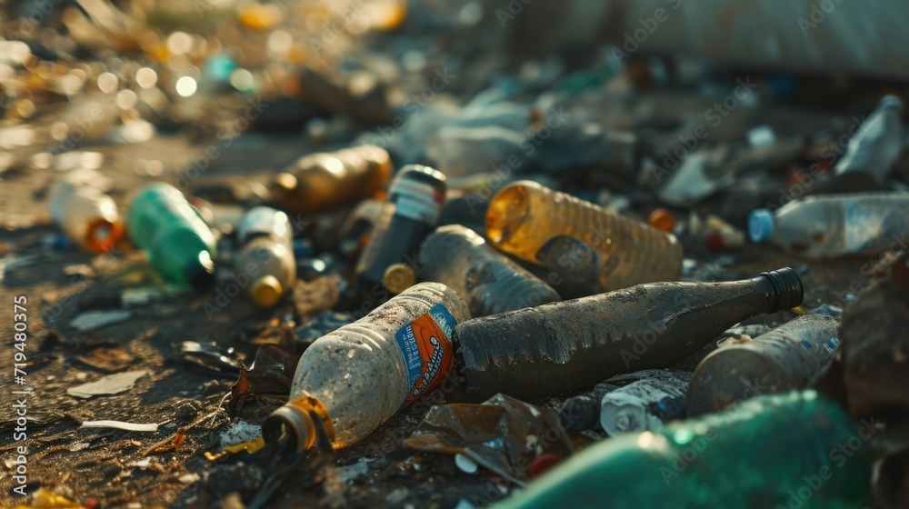 Poster a pile of empty bottles sitting on the ground. suitable for recycling and environmental concepts