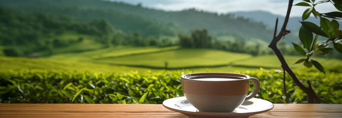 Tea cup placed on a wooden table, tea plantation background.
