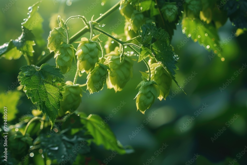 Poster green hops hanging from a tree branch. perfect for beer brewing or botanical themed projects