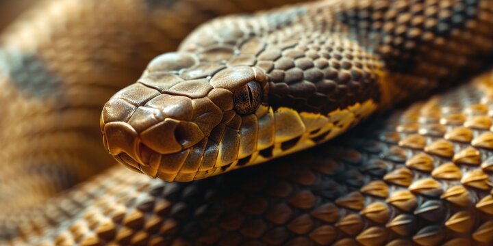 A close up view of a snake's head resting on a blanket. This image can be used to depict wildlife, reptiles, or danger