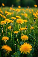 A beautiful field of yellow flowers captured in the bright daylight. This image can be used for various purposes