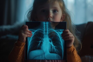 A little girl is holding up an x-ray picture. This image can be used to illustrate medical diagnostics or the importance of healthcare - obrazy, fototapety, plakaty