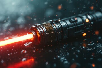 A close up view of a light saber resting on a surface. Perfect for sci-fi enthusiasts and Star Wars...