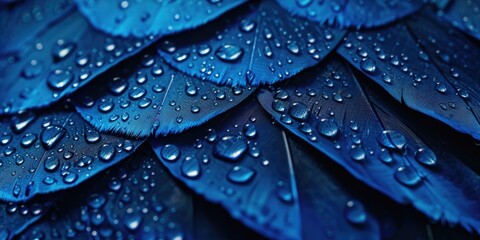 A detailed close-up of a blue feather with small water droplets. This image can be used to enhance designs related to nature, birds, or water elements.