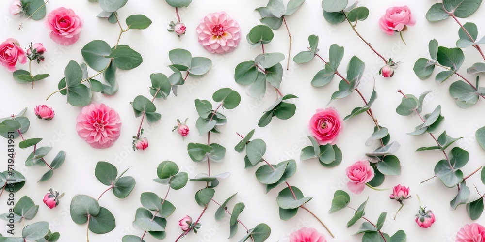 Poster beautiful pink flowers and vibrant green leaves arranged on a clean white surface. perfect for addin