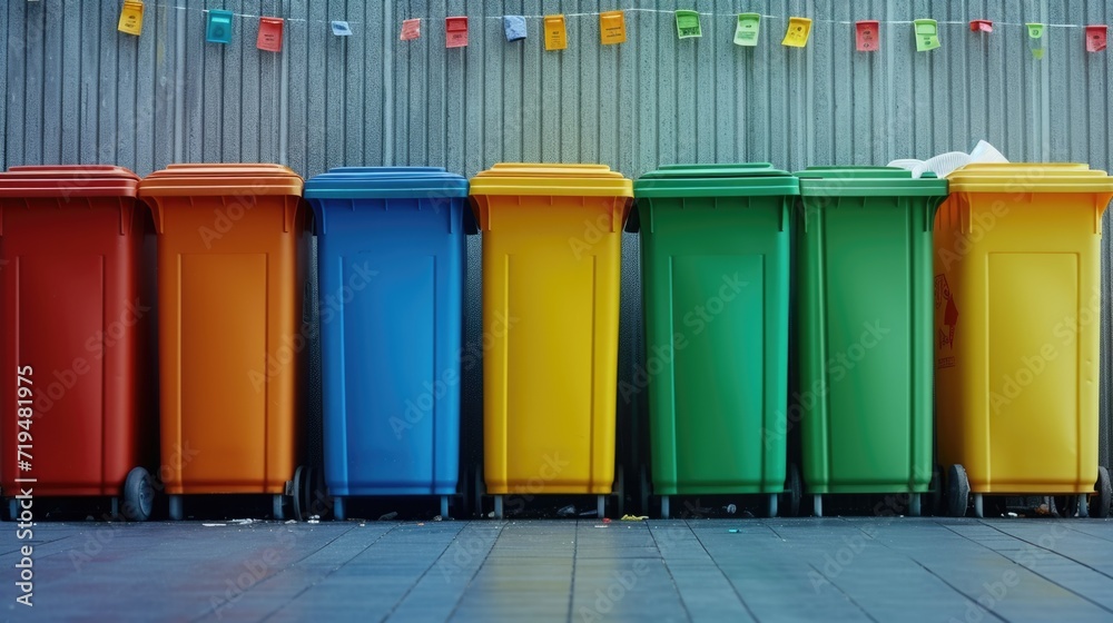 Poster a row of colorful trash cans sitting next to each other. ideal for illustrating waste management or 