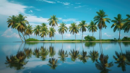 A serene image featuring a group of palm trees gracefully positioned on top of a body of water. Perfect for tropical and beach-themed designs
