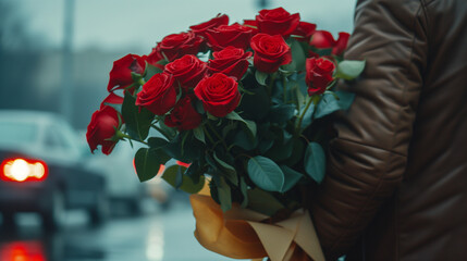 A bouquet of red roses in the hands of a man on the street