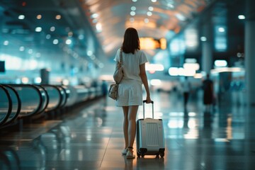 A woman is pictured walking through an airport with a suitcase. This image can be used to depict travel, vacation, business trips, or airport scenes