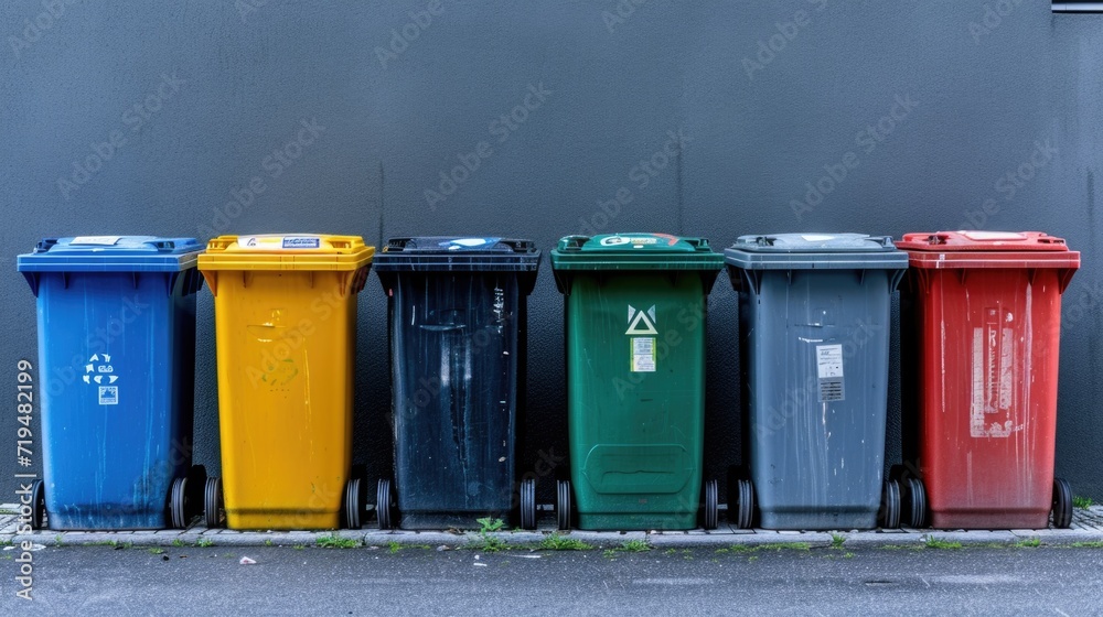 Aufkleber a row of garbage cans sitting on the side of a road. perfect for illustrating waste management or en