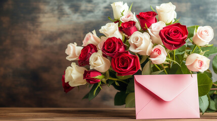 Bouquet of red and white roses and pink envelope on wooden table