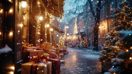 A street lined with presents. Perfect for holiday-themed designs or gift-related concepts