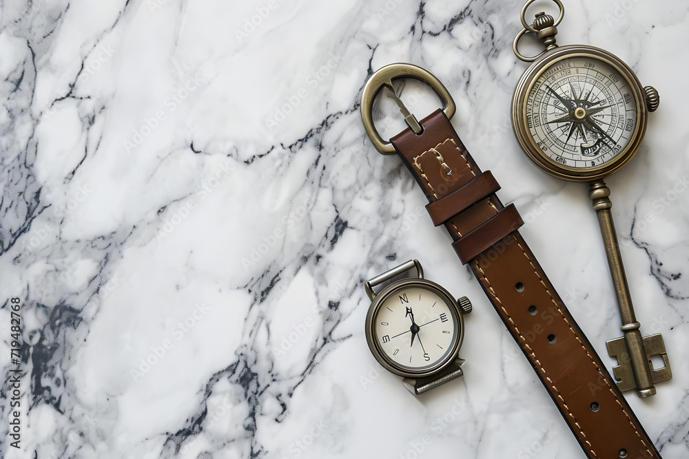 Wall mural old pocket watch, Timeless Travel Flat Lay, Vintage Compass with Classic Watch and Old Key, Marble Background