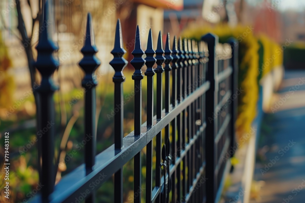 Poster A close up view of a fence with a building in the background. Suitable for various applications