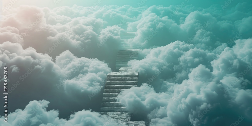 Poster A stairway leading up into the clouds in the sky. Suitable for concepts of reaching new heights and aspirations
