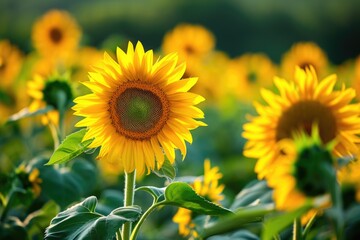 A vibrant field of yellow sunflowers with lush green leaves. Perfect for adding a touch of nature and beauty to any project