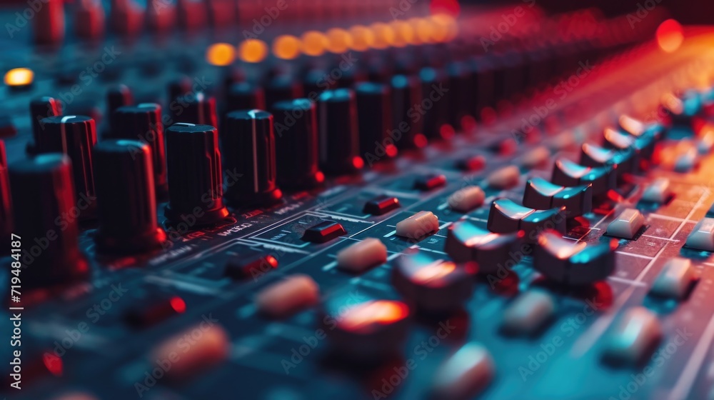Poster A detailed close-up of a sound board with multiple knobs. Perfect for music production or audio engineering projects