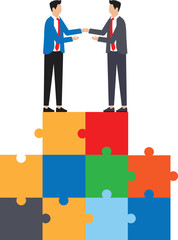 Businessmen shaking hands on a puzzle and good for unity concept,
