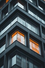 A picture of a tall building with its windows brightly lit up at night. Perfect for architectural, urban, or cityscape projects