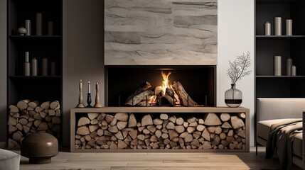 a neatly stacked pile of chopped firewood positioned near a warmly burning fireplace in a minimalist living room with modern-style decor.