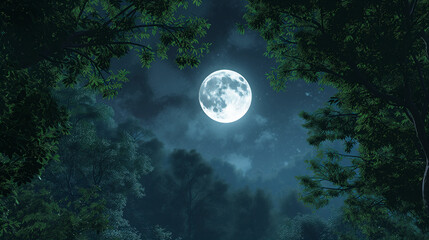 large full moon shines brightly in the night sky, framed by dark silhouetted trees in a serene forest setting