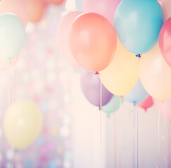 Multicolored pastel  balloons over teal pastel background, celebration, happy birthday and new year