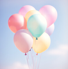 Multicolored pastel  balloons over blue pastel sky background, celebration, happy birthday and new year