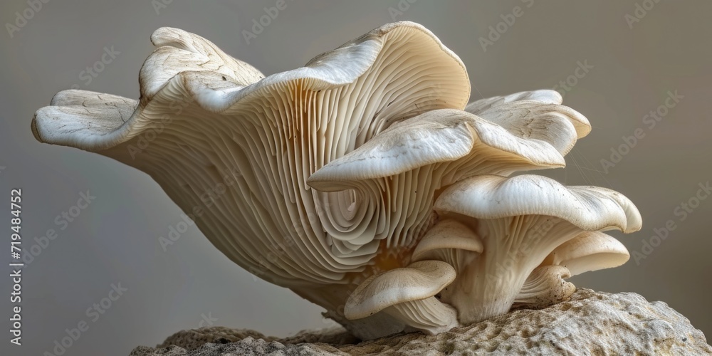 Poster a detailed close-up of a mushroom growing on a rock. perfect for nature enthusiasts and those intere