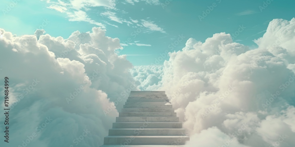 Poster A stairway leading up into the sky, representing a pathway to unknown heights. Perfect for concepts of progress, aspirations, and reaching new heights