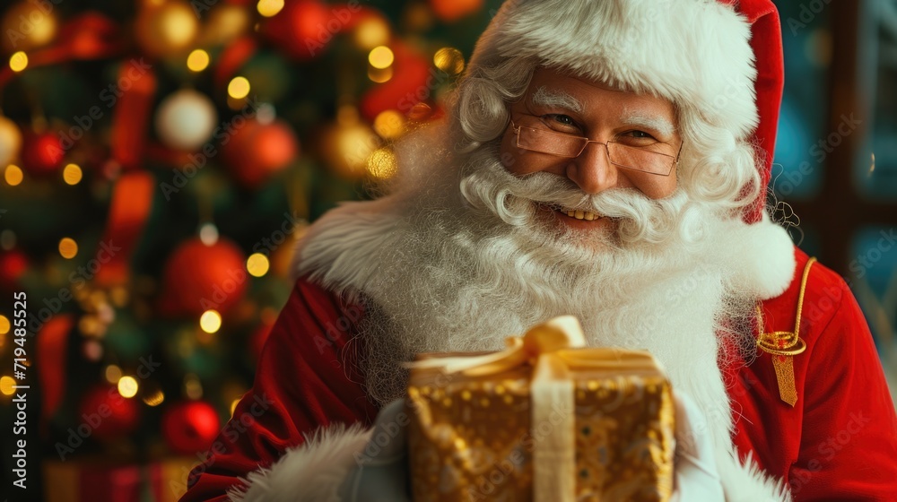 Poster santa claus holding a present. great for holiday-themed designs and christmas promotions