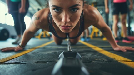 Woman performing push ups in a gym. Suitable for fitness and exercise themes