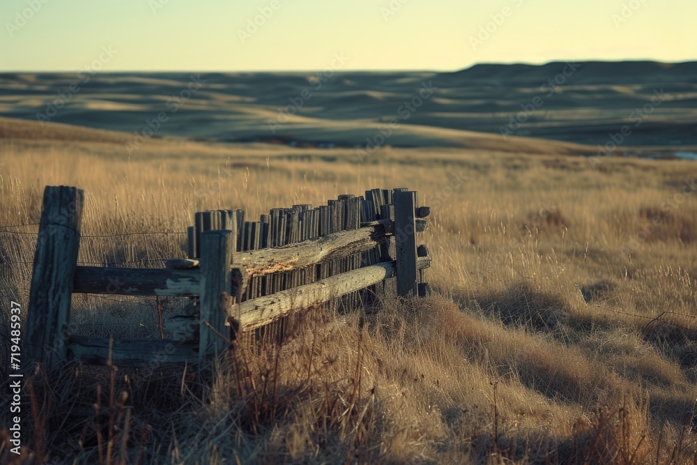 Aufkleber A picture of a wooden fence standing in a field of tall grass. This image can be used to represent rural landscapes, nature, or agriculture
