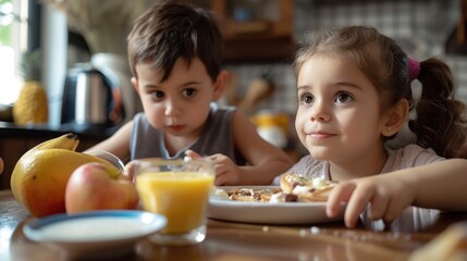 A picture of two children sitting at a table with a variety of delicious food. Perfect for...