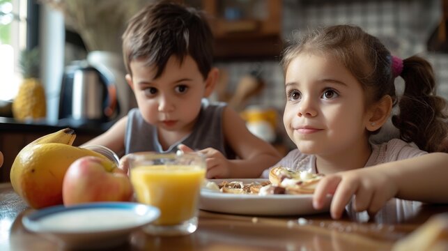 A picture of two children sitting at a table with a variety of delicious food. Perfect for illustrating family meals or children's nutrition.