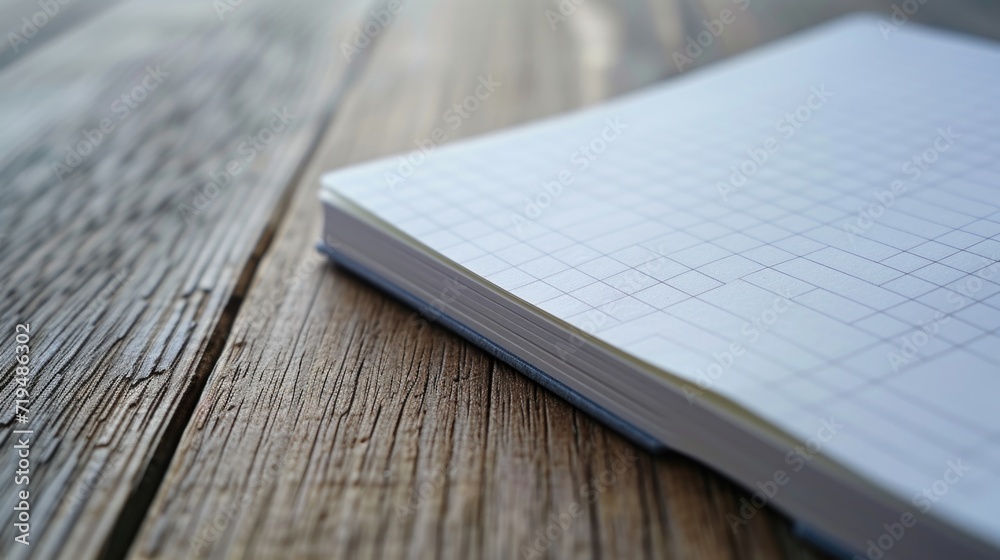 Poster a notepad sitting on top of a wooden table. perfect for office and workspace concepts