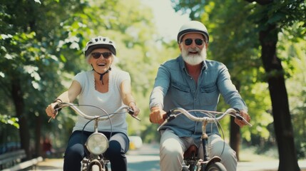 Obraz premium A man and a woman are seen riding bicycles down a street. This image can be used to depict leisure activities or transportation options in urban areas