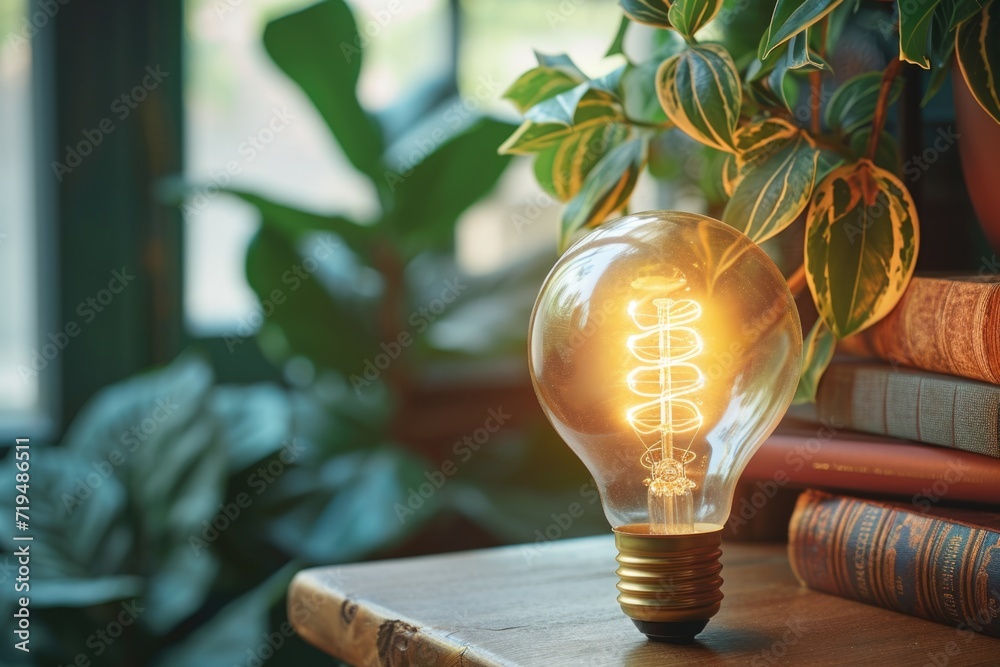 Poster a simple wooden table with a light bulb placed on top. perfect for illustrating creativity, ideas, a