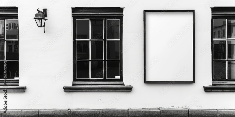 Poster A black and white photo featuring three windows. This versatile image can be used for various design projects