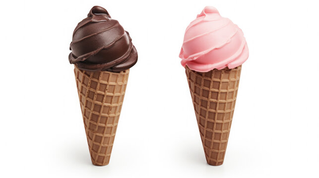 Simple and inviting image of two ice cream cones placed together. Perfect for illustrating summertime treats and indulgence.